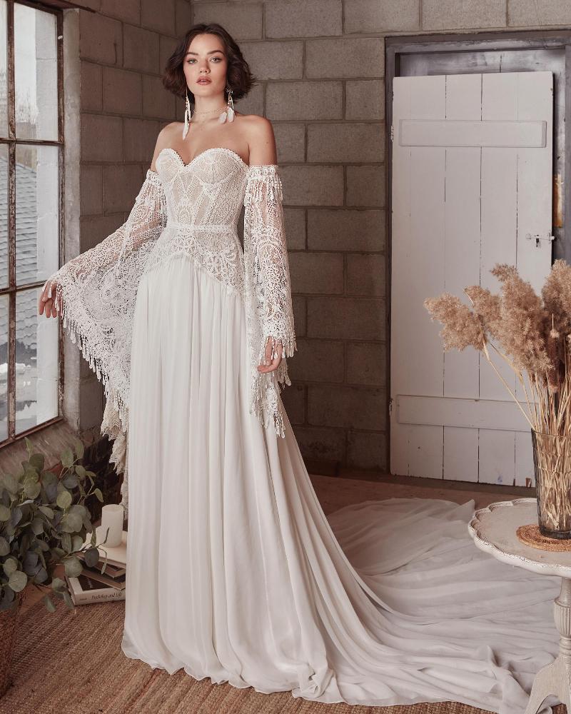 Lp2126 lace boho wedding dress with bell sleeves and strapless neckline3